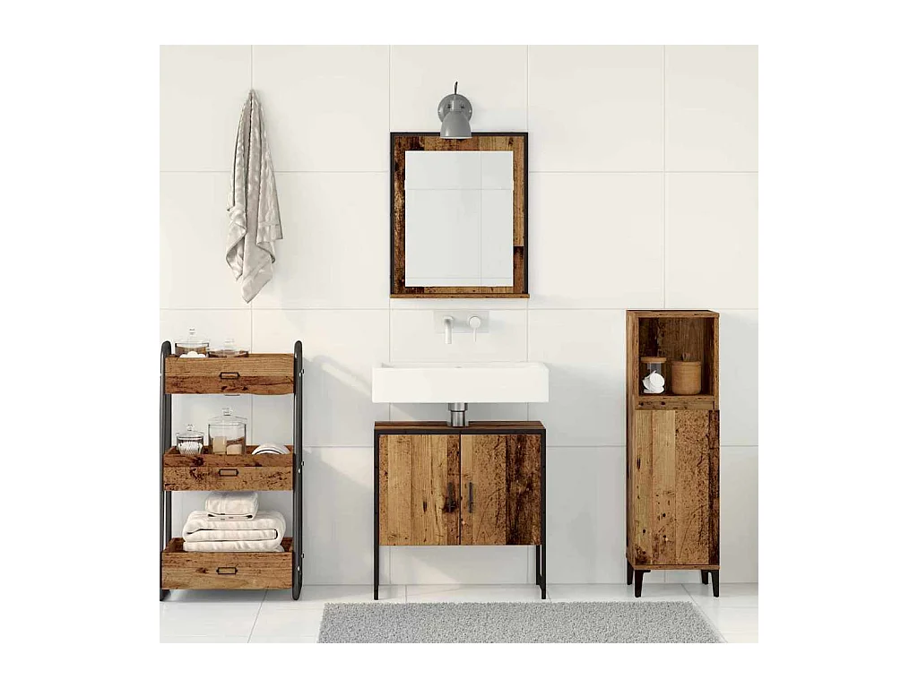 Ensemble de meuble de salle de bain 2 pièces en bois ancien et en bois d'ingénierie