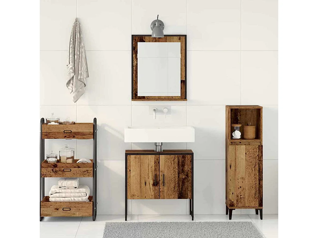 Mobiletto da bagno 2 pezzi in legno anticato e legno ingegnerizzato