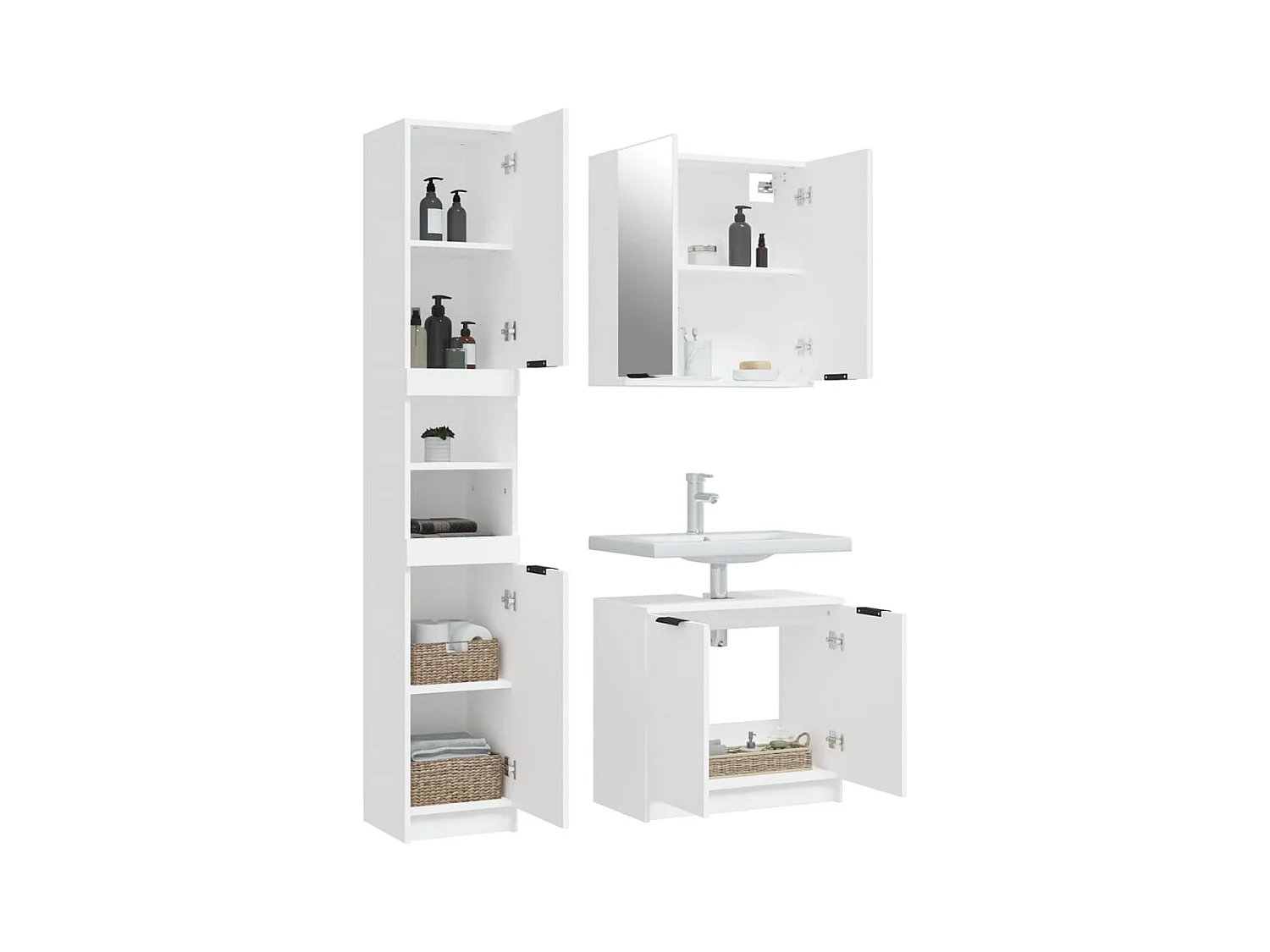 Conjunto de gabinete de baño de 3 piezas de madera de ingeniería blanca