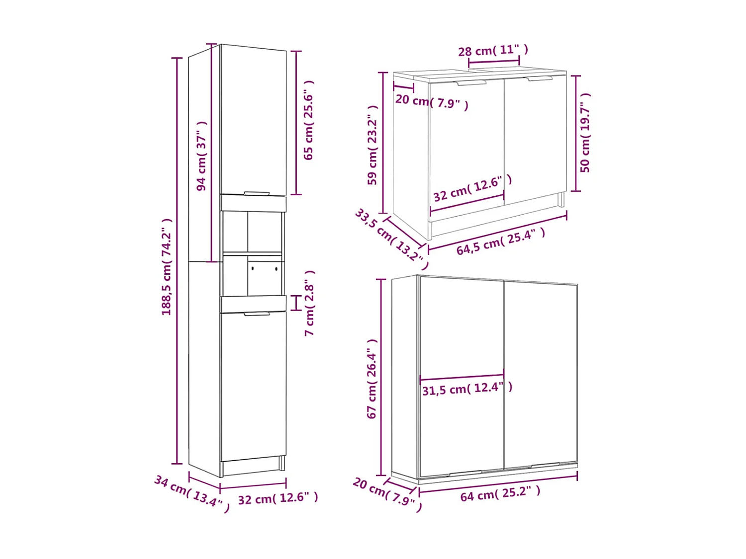 Ensemble d'armoires salle de bain 3 pcs blanc bois d'ingénierie