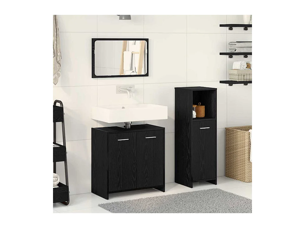Badkamermeubelset Wandmontage 3-delig Zwart Eiken
