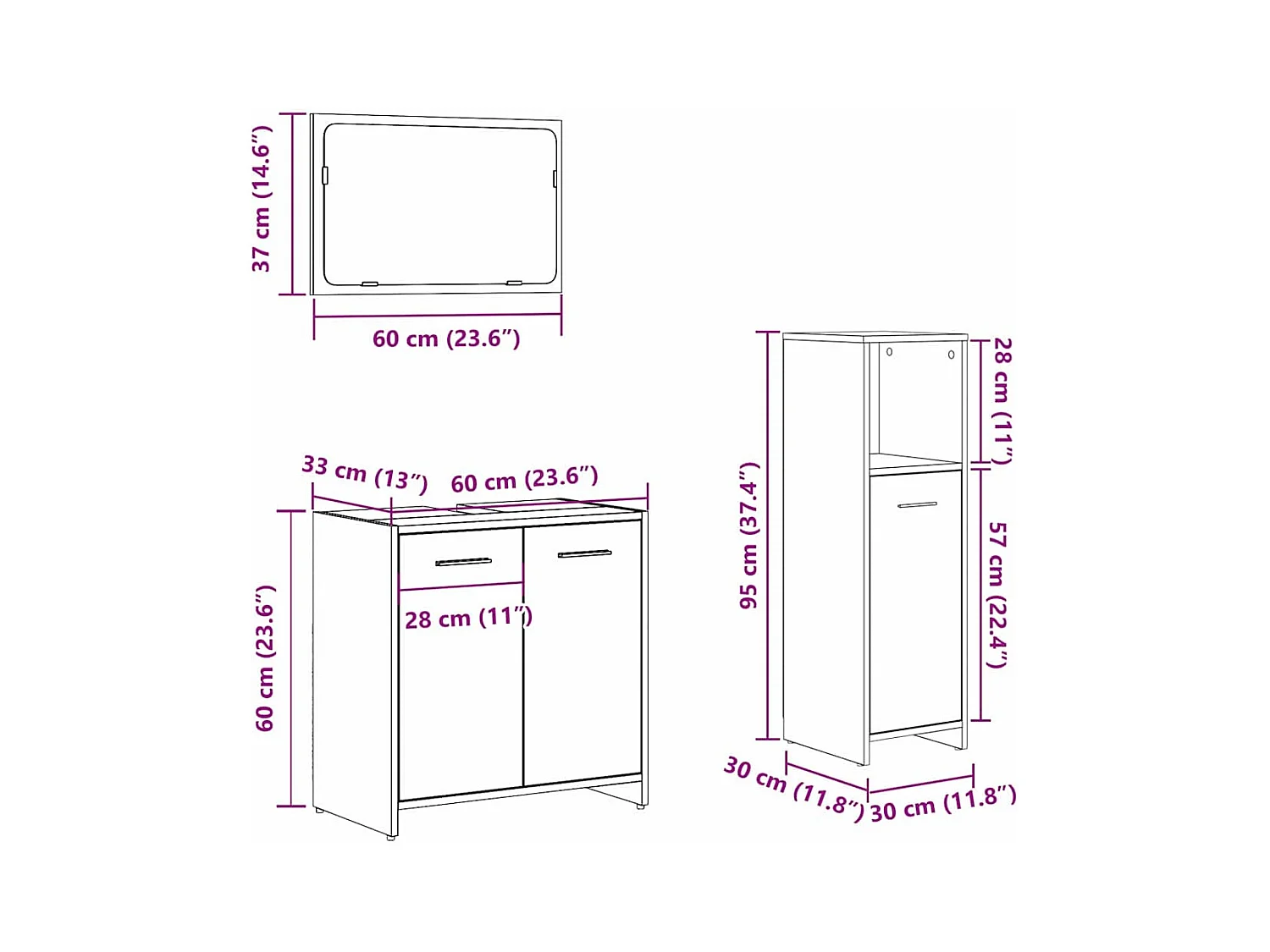 Badkamermeubelset Wandmontage 3-delig Zwart Eiken