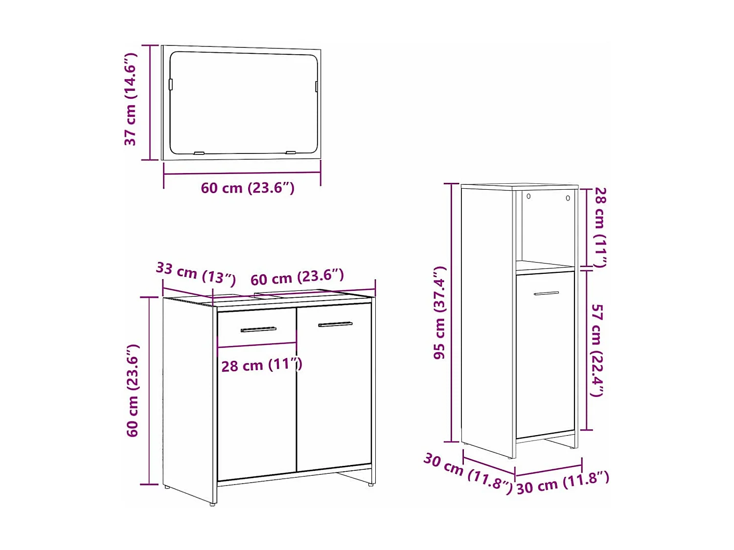 Set de meubles de salle de bain Montage mural 3 pcs Chêne noir