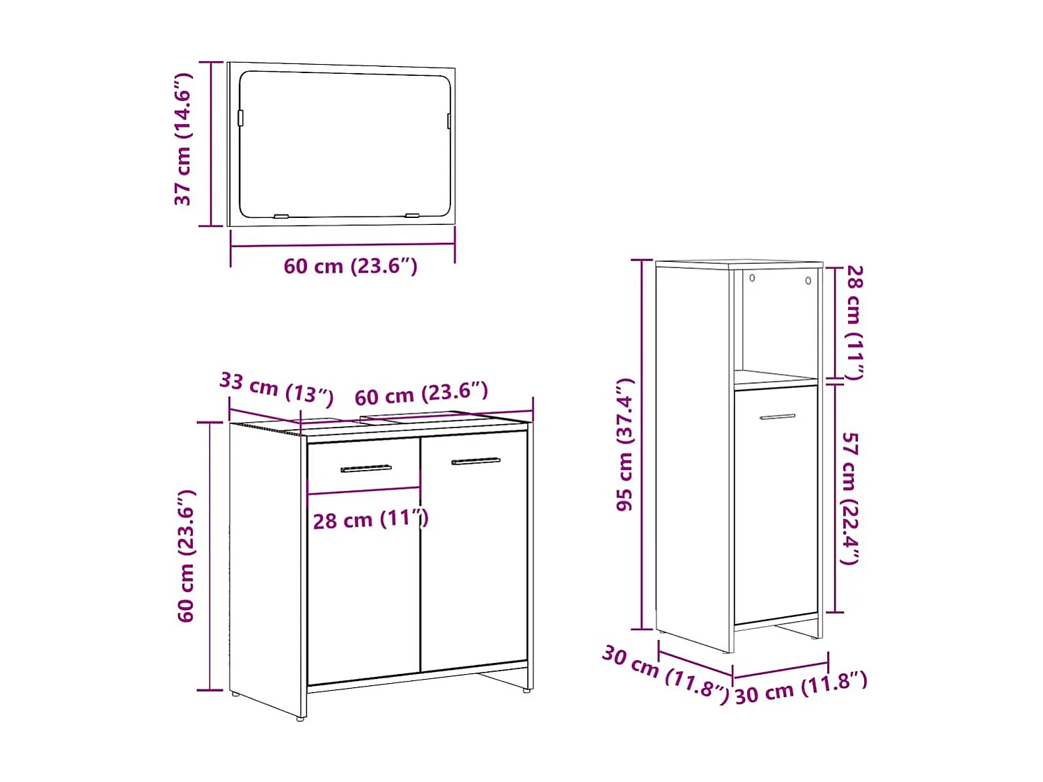 Set di mobili da bagno in legno ingegnerizzato da 3 pezzi