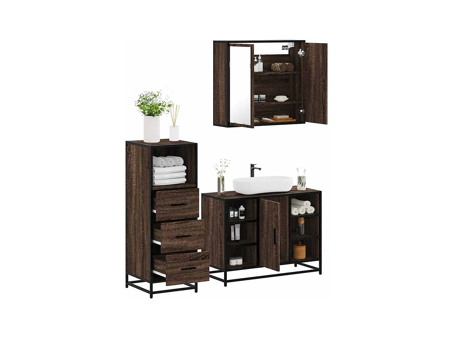 Set di mobili da bagno 3 pezzi Rovere marrone
