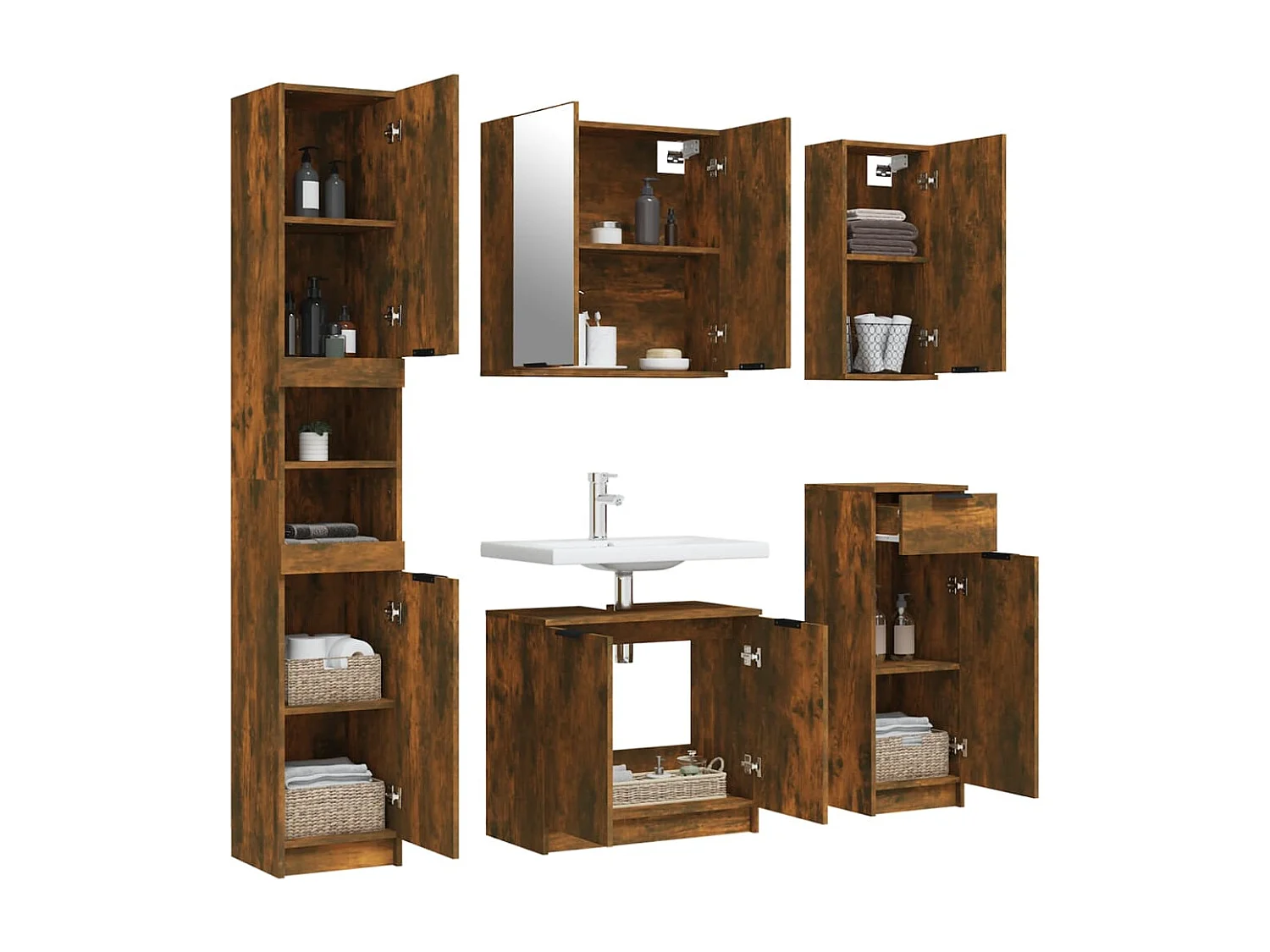Set di mobili da bagno da 5 pezzi in rovere affumicato, legno ingegnerizzato
