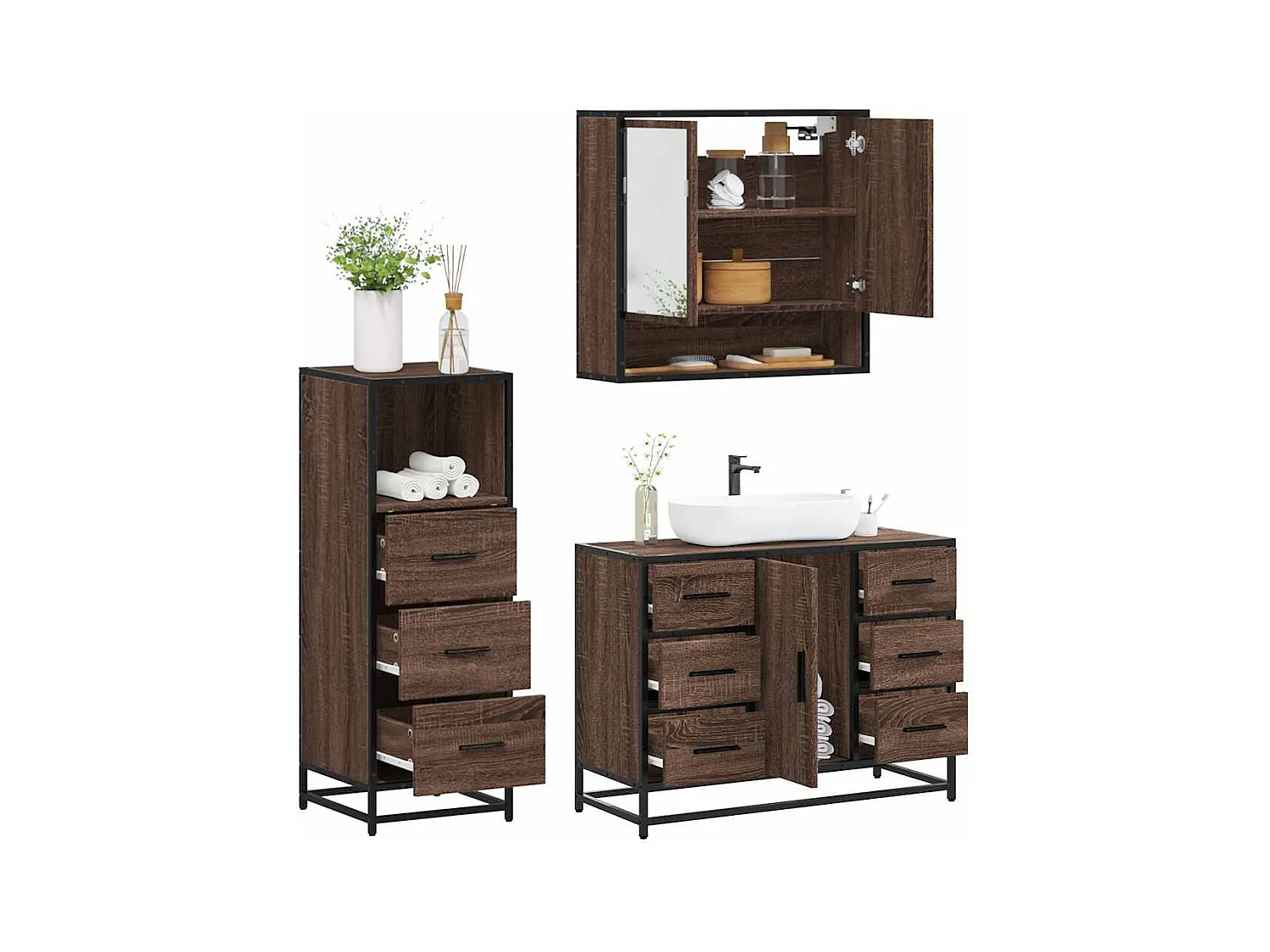 Set di mobili da bagno 3 pezzi Rovere marrone