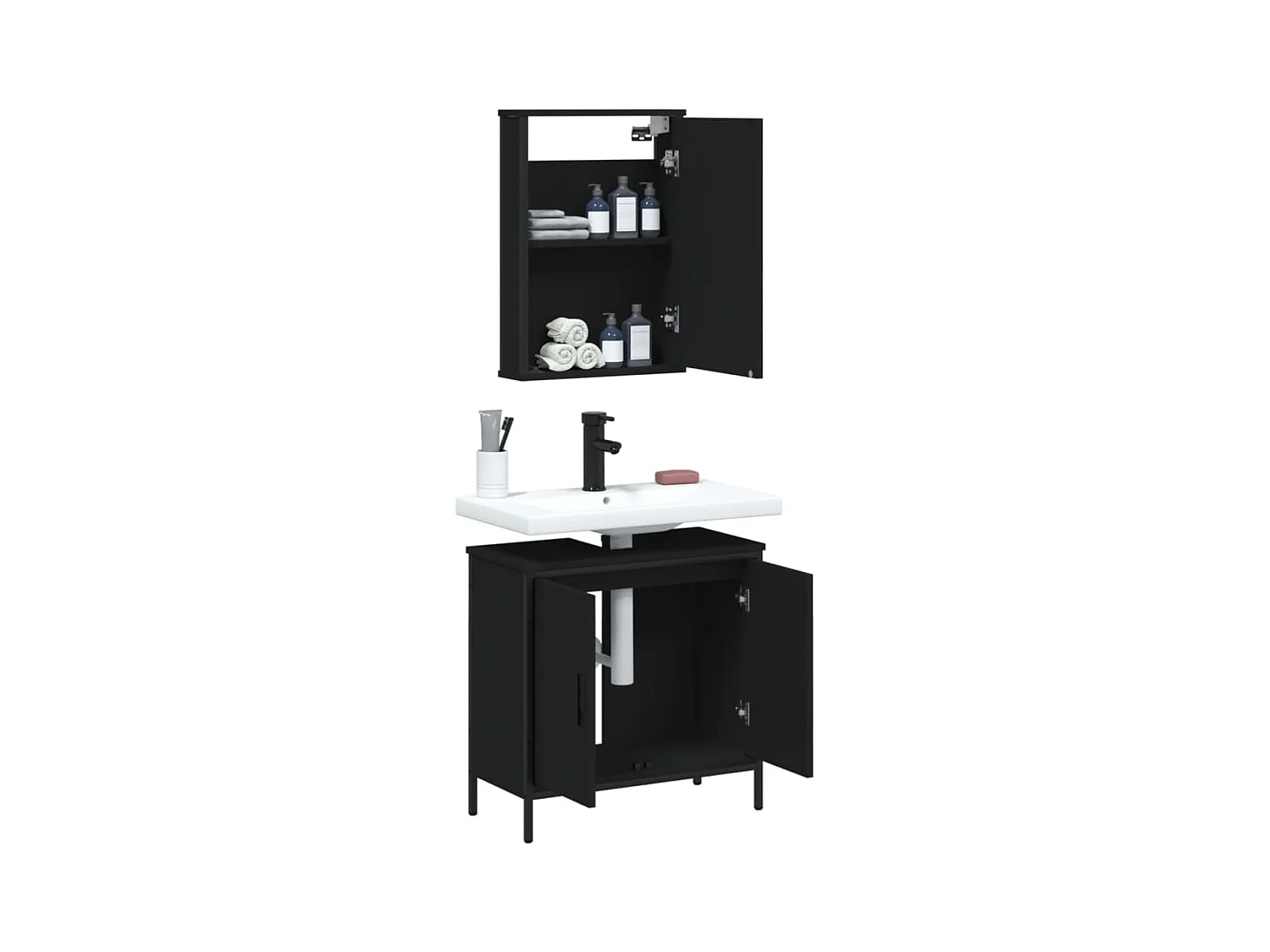 Set di mobili da bagno in legno ingegnerizzato nero, 2 pezzi