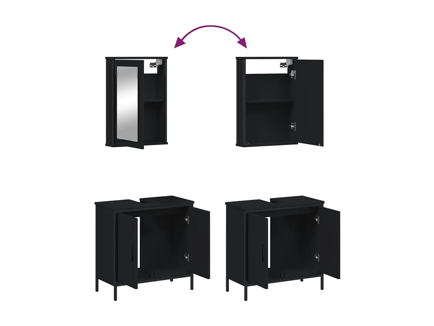 Set di mobili da bagno in legno ingegnerizzato nero, 2 pezzi