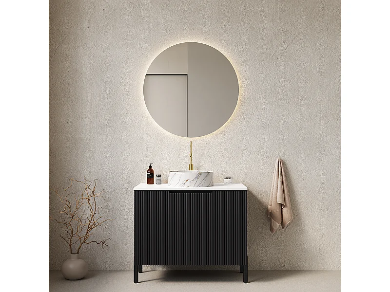 Lavabo de salle de bain indépendant, design moderne avec vasque ronde en céramique et plan de travail en pierre synthétique (76x48x87cm)