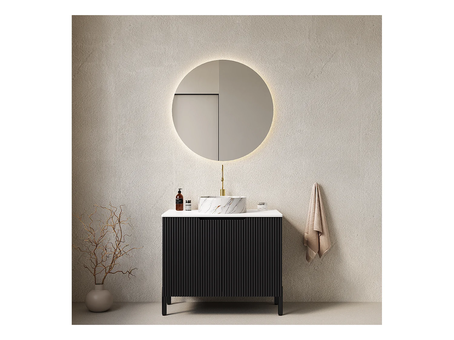 Lavabo de salle de bain indépendant, design moderne avec vasque ronde en céramique et plan de travail en pierre synthétique (76x48x87cm)