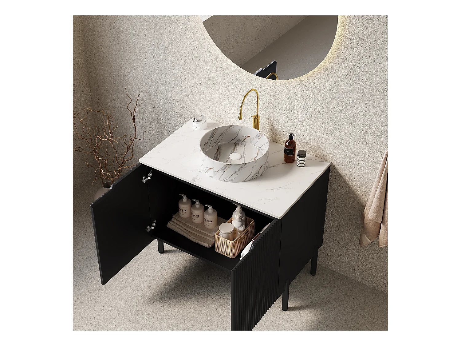Lavabo de salle de bain indépendant, design moderne avec vasque ronde en céramique et plan de travail en pierre synthétique (76x48x87cm)