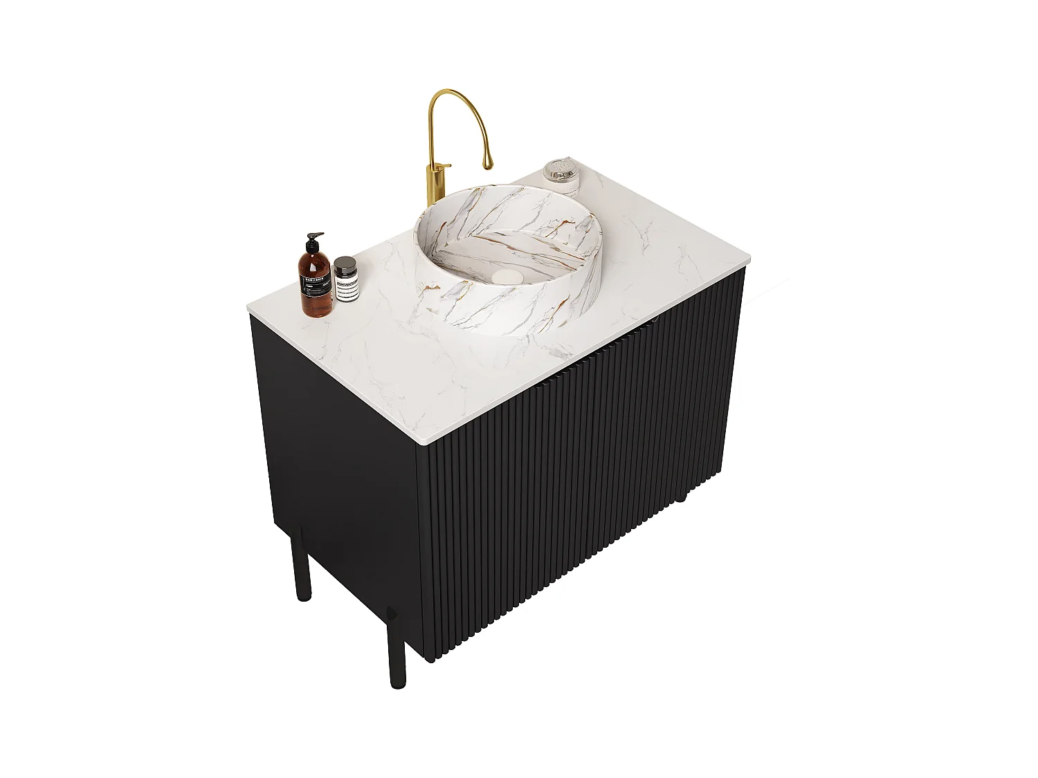 Lavabo de baño exento, diseño moderno con seno redondo de cerámica y encimera de piedra sintética (76x48x87cm)