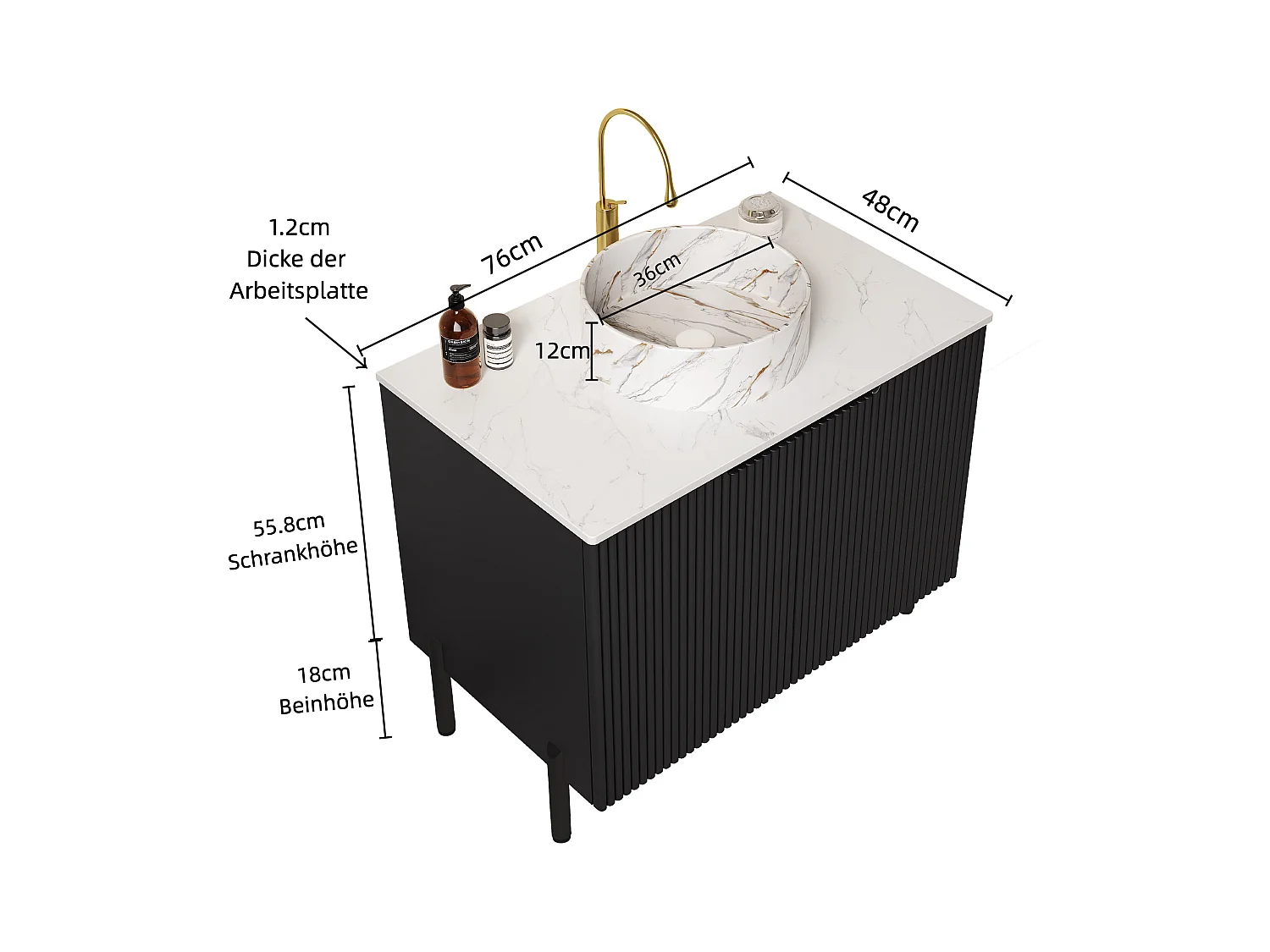 Lavabo de baño exento, diseño moderno con seno redondo de cerámica y encimera de piedra sintética (76x48x87cm)
