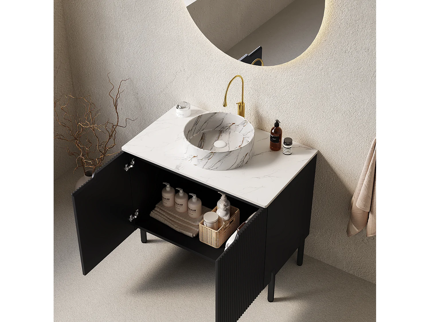 Lavabo de salle de bain indépendant, design moderne avec vasque ronde en céramique et plan de travail en pierre synthétique (76x48x87cm)