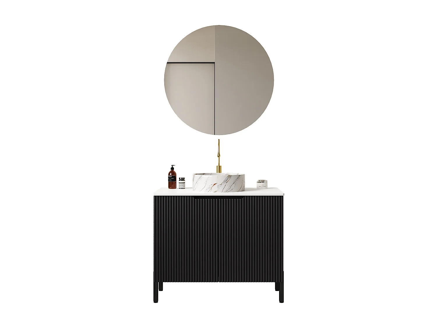 Lavabo de salle de bain indépendant, design moderne avec vasque ronde en céramique et plan de travail en pierre synthétique (76x48x87cm)