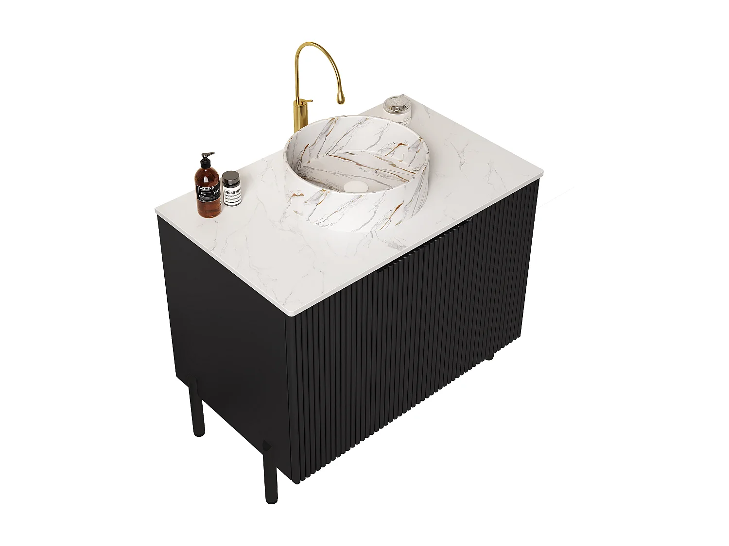 Lavabo de salle de bain indépendant, design moderne avec vasque ronde en céramique et plan de travail en pierre synthétique (76x48x87cm)