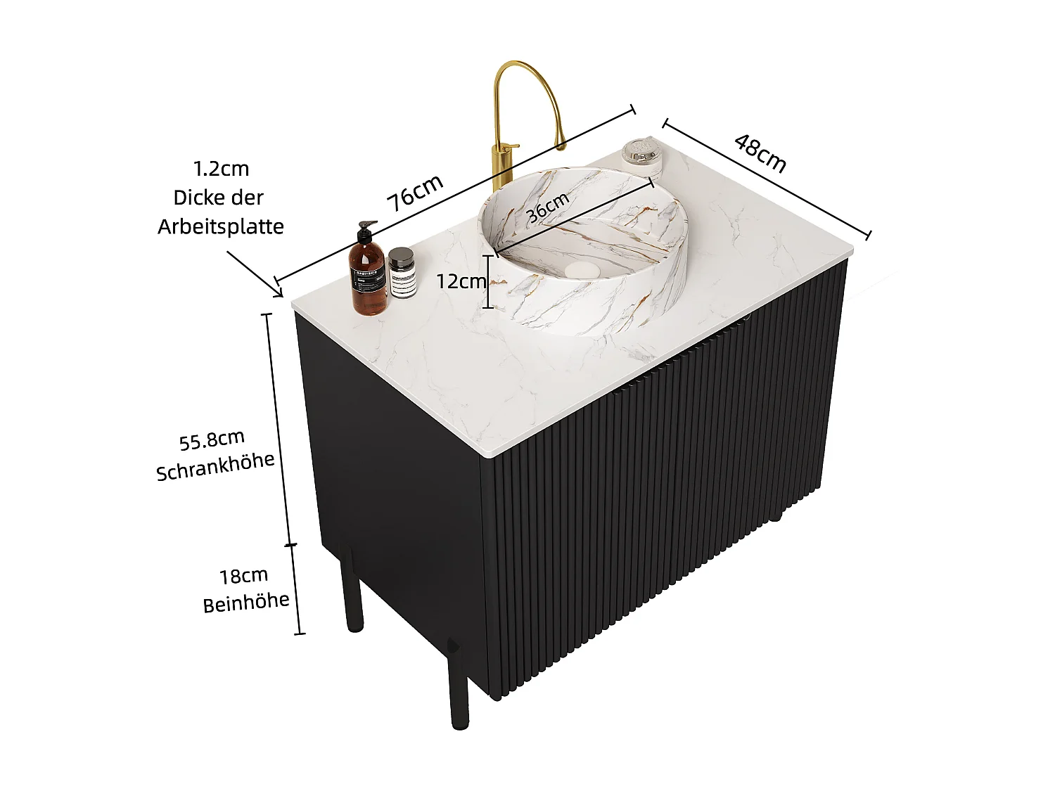 Lavabo de salle de bain indépendant, design moderne avec vasque ronde en céramique et plan de travail en pierre synthétique (76x48x87cm)