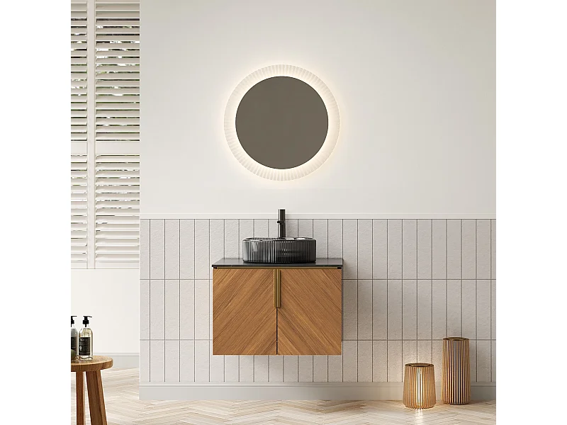 Lavabo mural rond en verre transparent noir avec plan de travail en pierre synthétique noire et meuble 2 portes en contreplaqué (61x50x52.6cm)