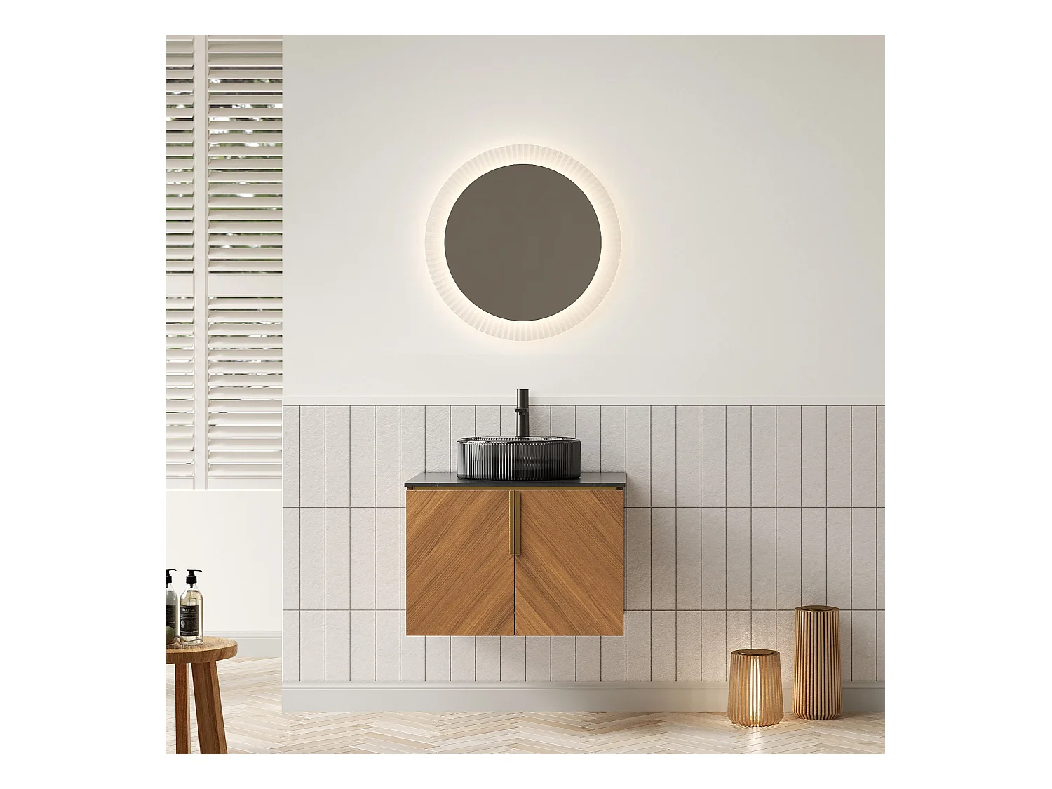 Lavabo mural rond en verre transparent noir avec plan de travail en pierre synthétique noire et meuble 2 portes en contreplaqué (61x50x52.6cm)