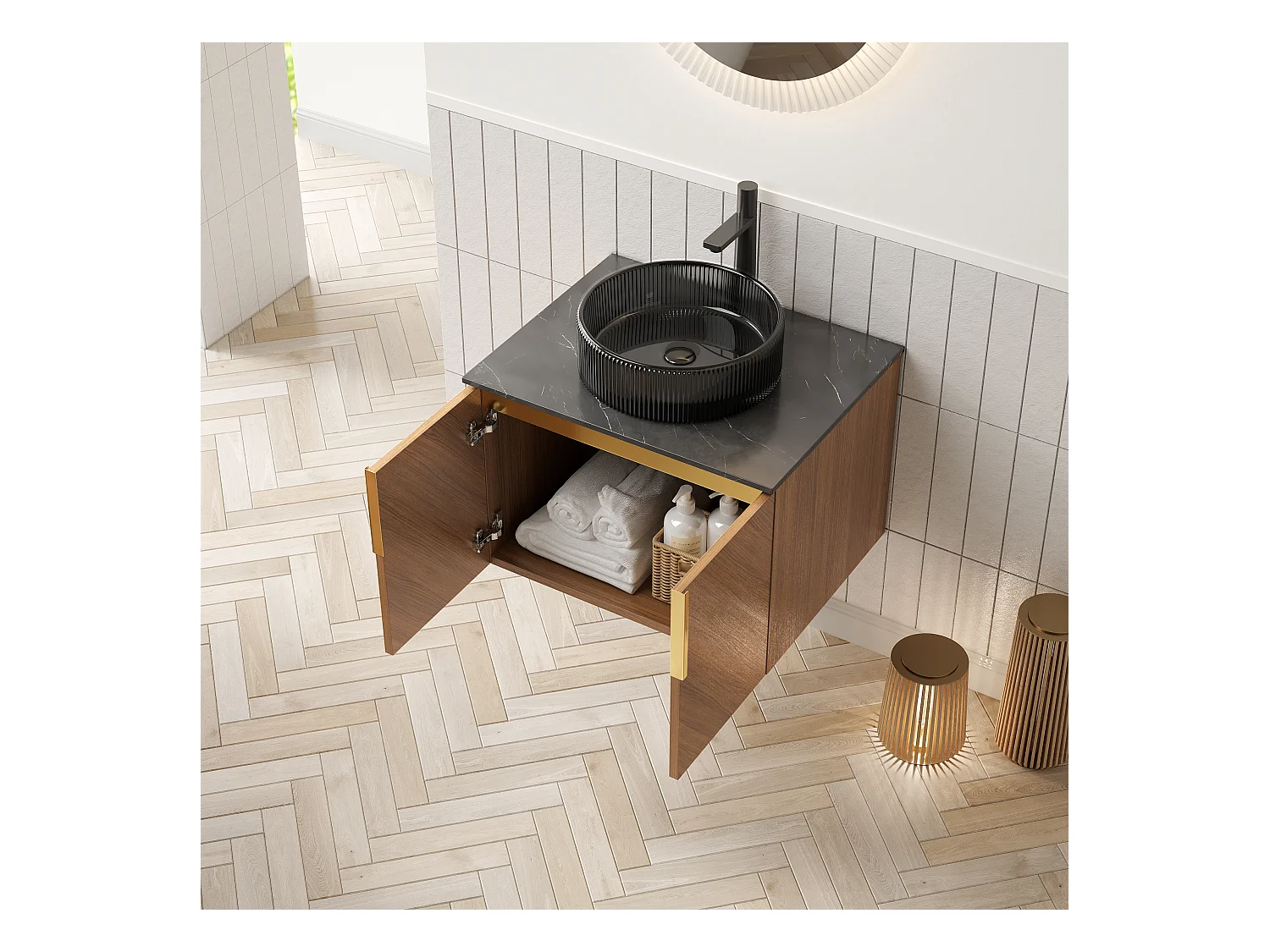 Lavabo mural rond en verre transparent noir avec plan de travail en pierre synthétique noire et meuble 2 portes en contreplaqué (61x50x52.6cm)