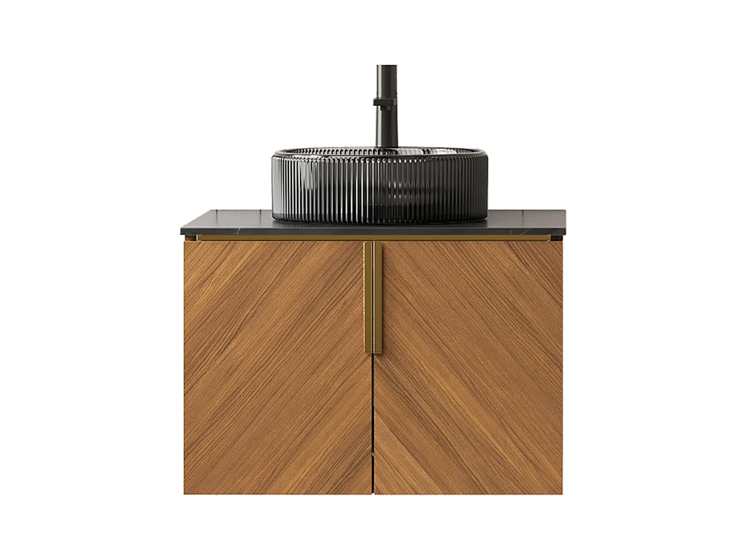 Lavabo mural rond en verre transparent noir avec plan de travail en pierre synthétique noire et meuble 2 portes en contreplaqué (61x50x52.6cm)