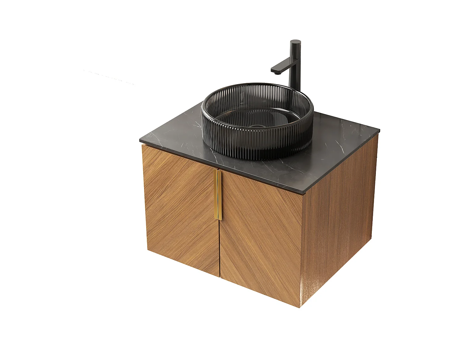 Lavabo mural rond en verre transparent noir avec plan de travail en pierre synthétique noire et meuble 2 portes en contreplaqué (61x50x52.6cm)