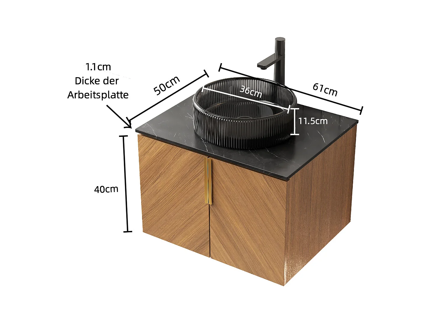 Lavabo redondo de pared en cristal transparente negro con encimera de piedra sintética negra y mueble de 2 puertas de contrachapado (61x50x52,6cm)