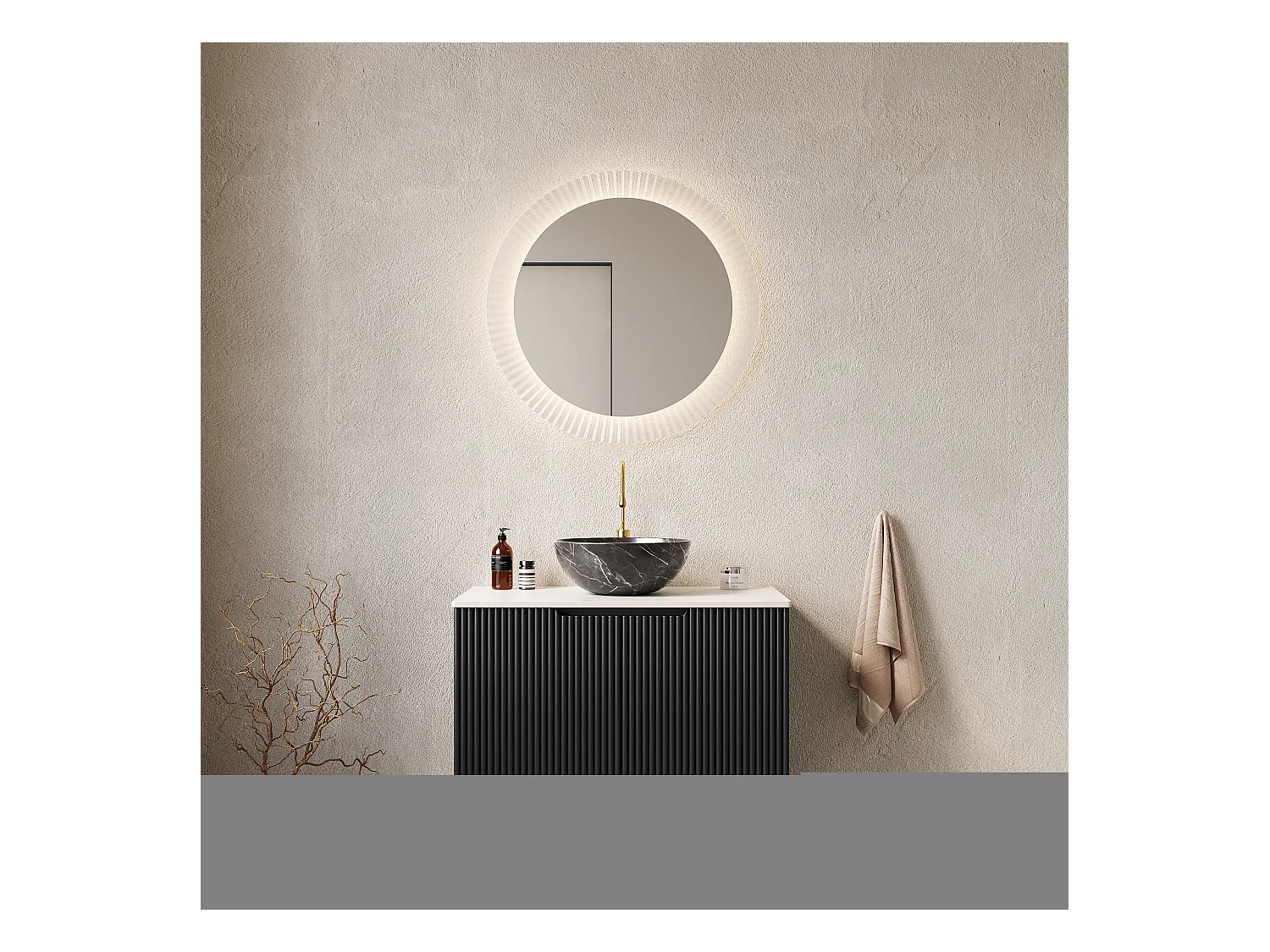 Lavabo de salle de bain indépendant avec évier noir à motif pierre, plan de travail en pierre synthétique blanc Carrara (76x48x89cm)