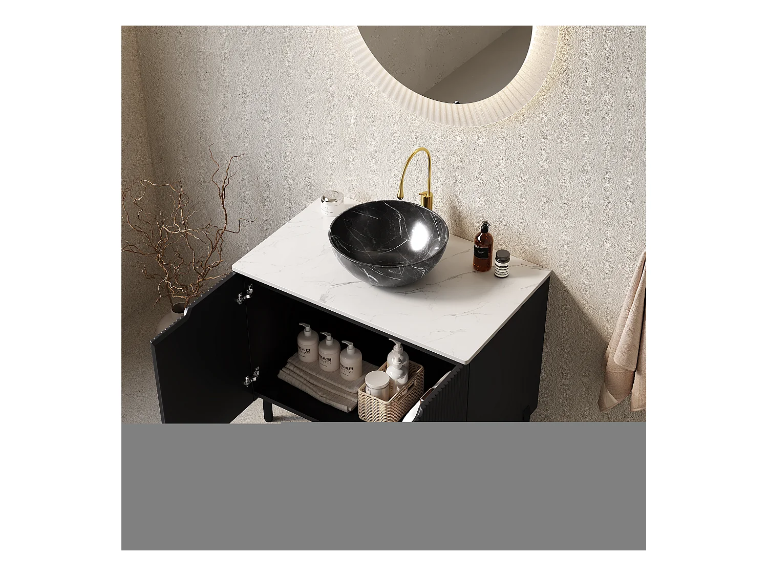 Lavabo de salle de bain indépendant avec évier noir à motif pierre, plan de travail en pierre synthétique blanc Carrara (76x48x89cm)