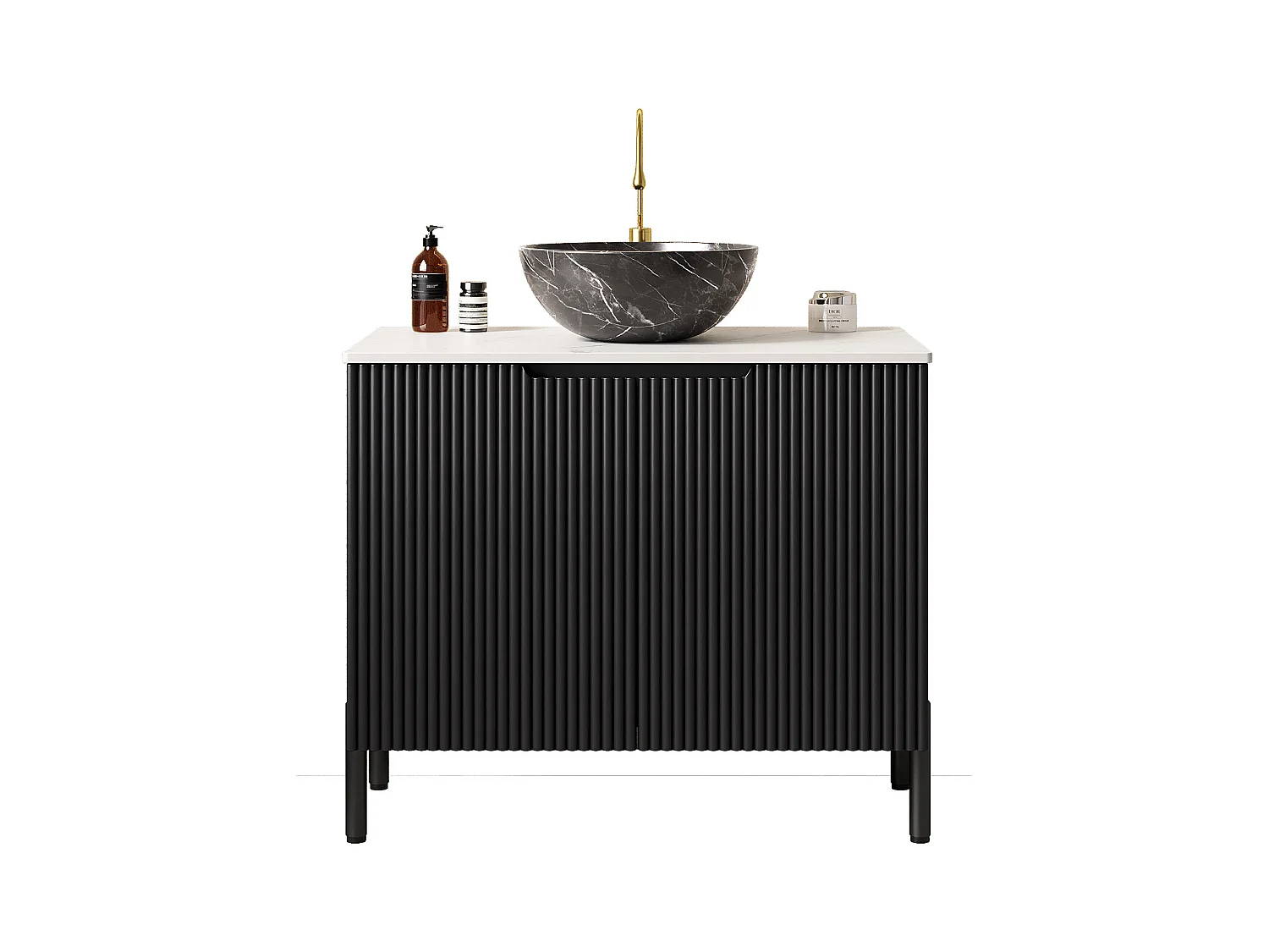 Lavabo de salle de bain indépendant avec évier noir à motif pierre, plan de travail en pierre synthétique blanc Carrara (76x48x89cm)