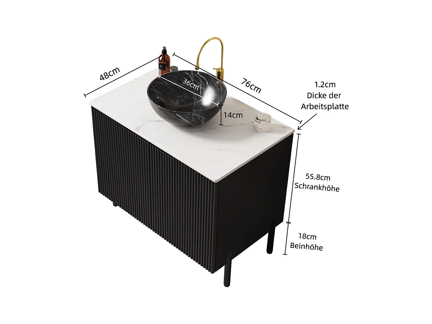 Lavabo de pie con diseño de piedra negra y encimera de piedra sintética blanca de Carrara (76 x 48 x 89 cm)