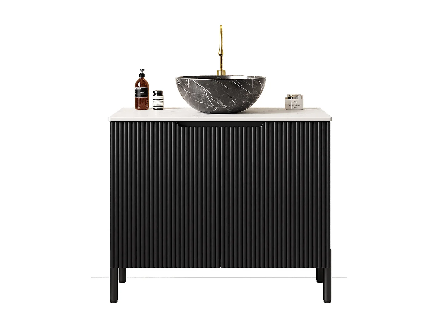 Lavabo de salle de bain indépendant avec évier noir à motif pierre, plan de travail en pierre synthétique blanc Carrara (76x48x89cm)