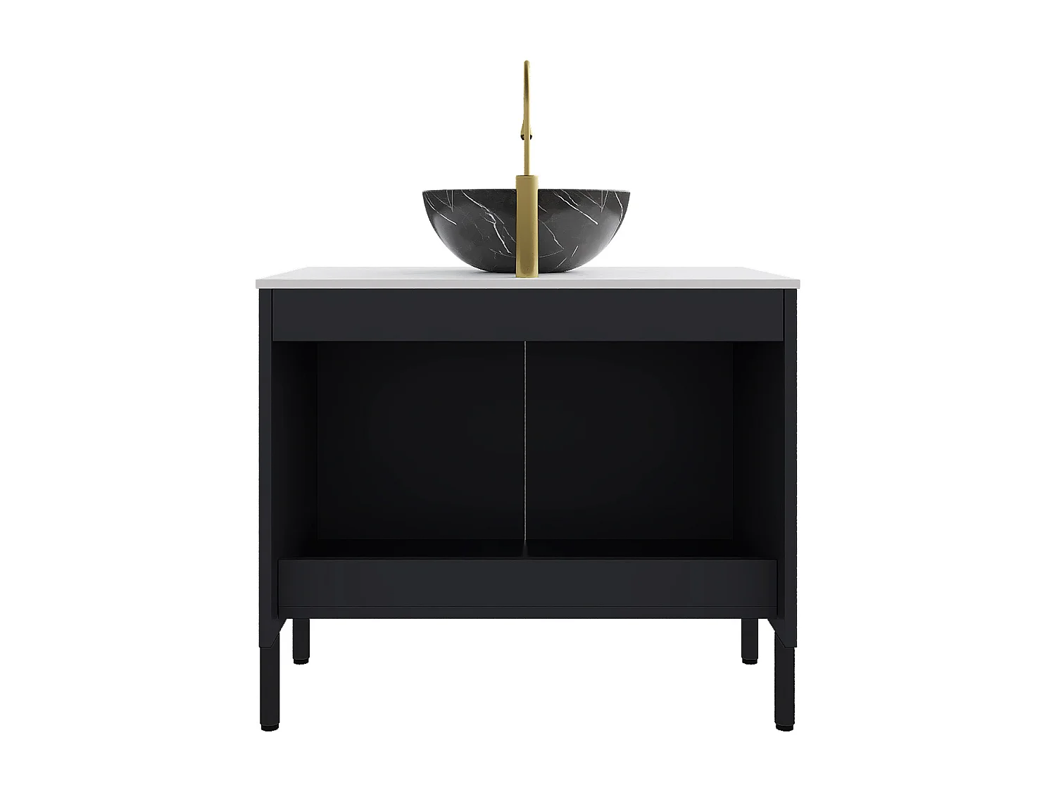 Lavabo de salle de bain indépendant avec évier noir à motif pierre, plan de travail en pierre synthétique blanc Carrara (76x48x89cm)