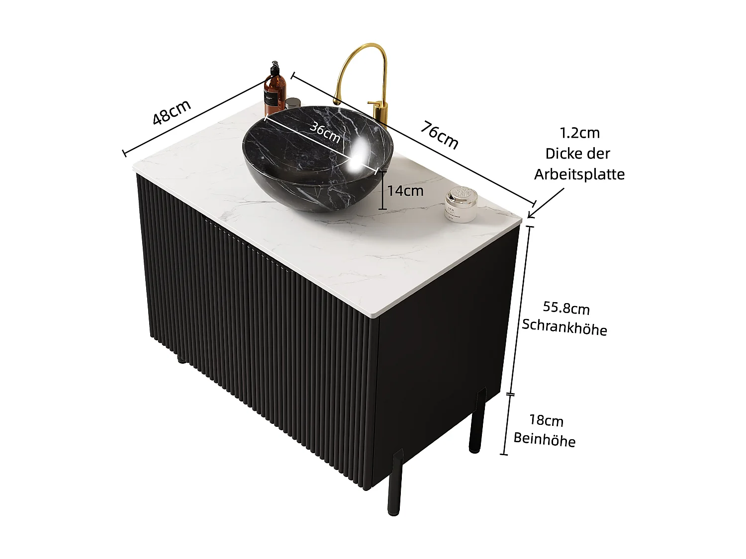 Lavabo de salle de bain indépendant avec évier noir à motif pierre, plan de travail en pierre synthétique blanc Carrara (76x48x89cm)