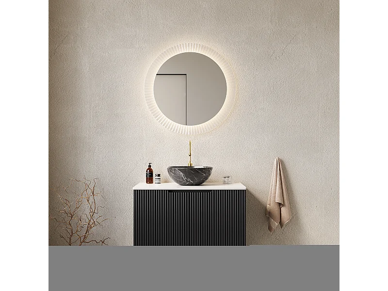 Lavabo de salle de bain indépendant avec évier noir à motif pierre, plan de travail en pierre synthétique blanc Carrara (76x48x89cm)