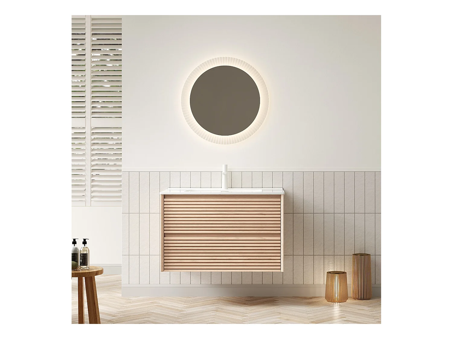 Meuble-lavabo mural avec vasque en céramique, design moderne, contreplaqué, finition noyer cannelle et blanc (81x46.5x51.5 cm)