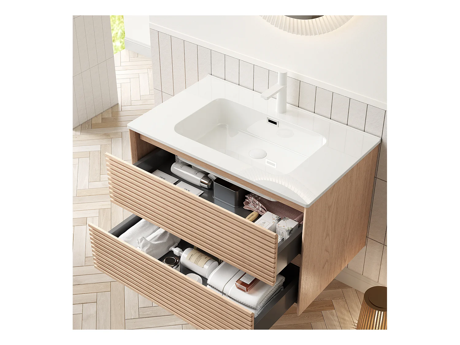 Meuble-lavabo mural avec vasque en céramique, design moderne, contreplaqué, finition noyer cannelle et blanc (81x46.5x51.5 cm)