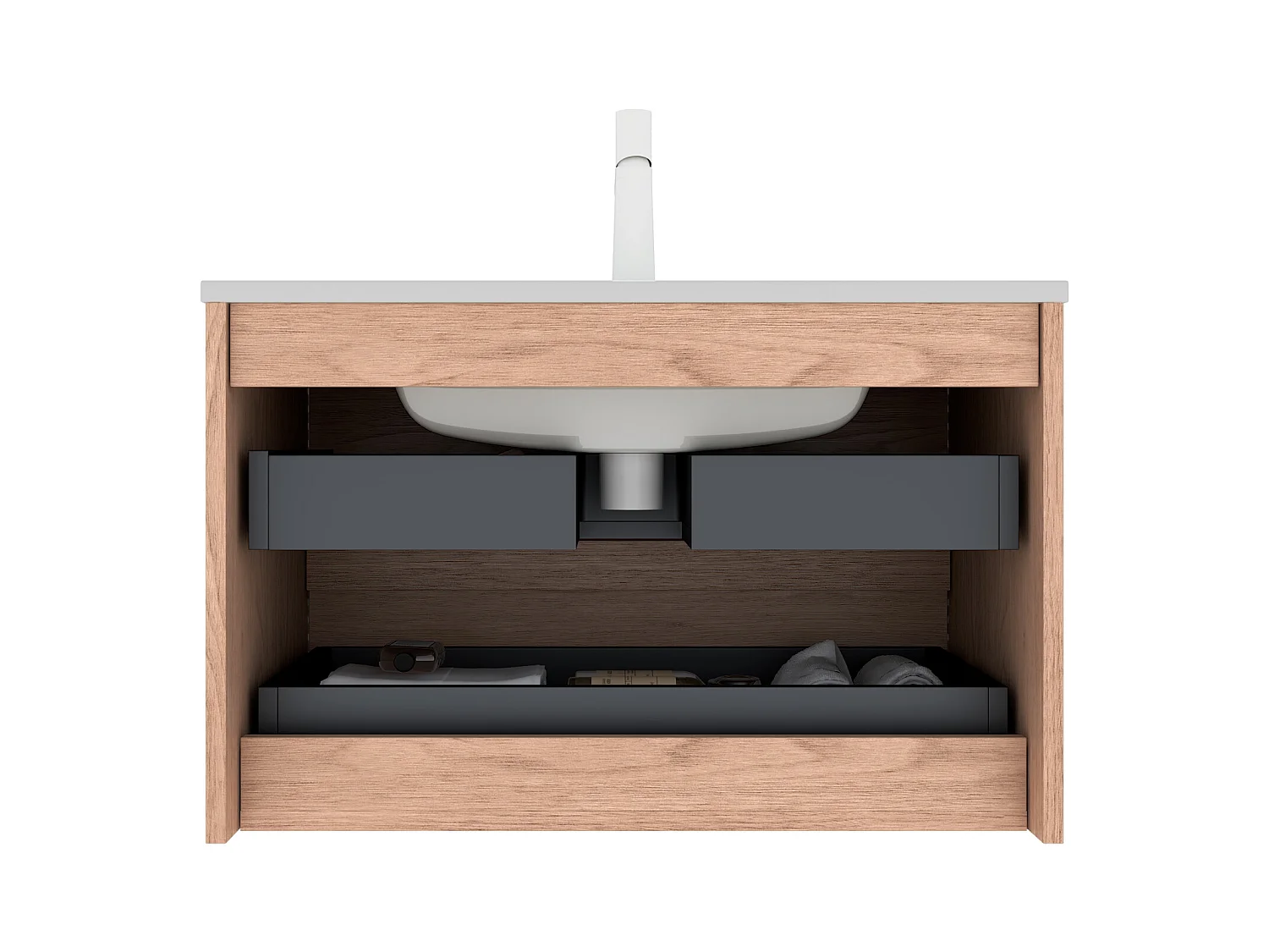 Meuble-lavabo mural avec vasque en céramique, design moderne, contreplaqué, finition noyer cannelle et blanc (81x46.5x51.5 cm)