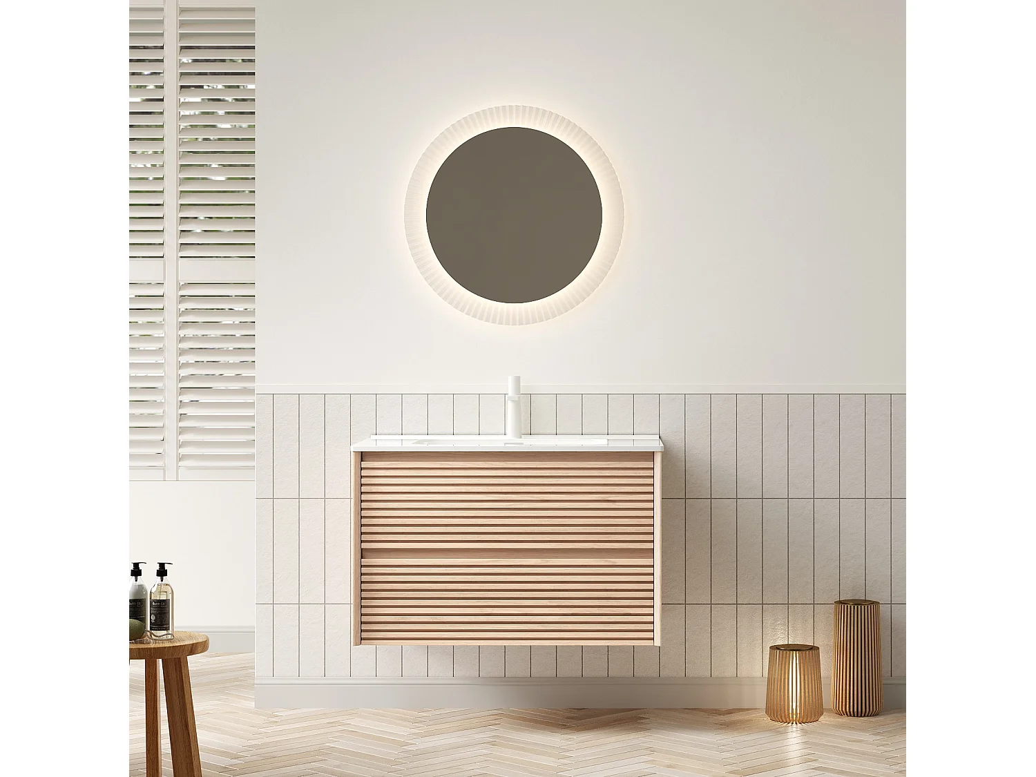 Meuble-lavabo mural avec vasque en céramique, design moderne, contreplaqué, finition noyer cannelle et blanc (81x46.5x51.5 cm)