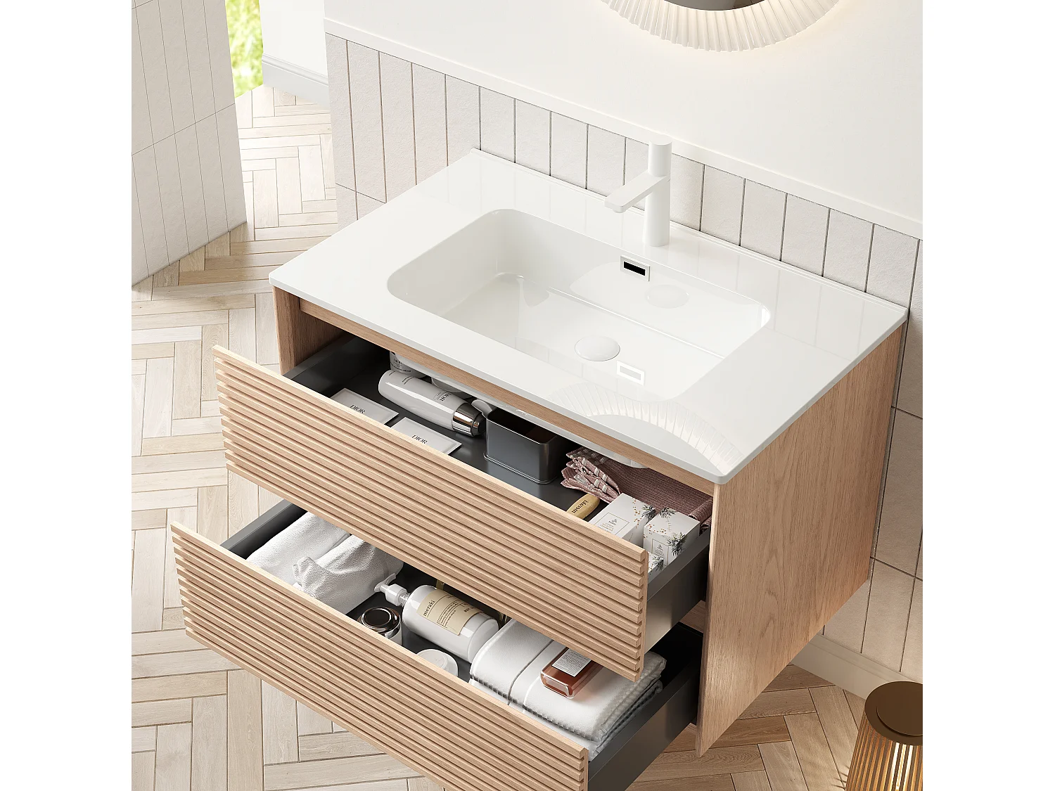 Meuble-lavabo mural avec vasque en céramique, design moderne, contreplaqué, finition noyer cannelle et blanc (81x46.5x51.5 cm)