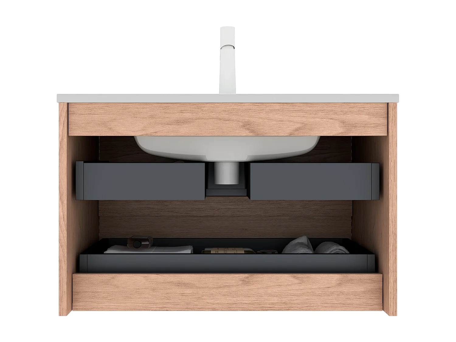 Meuble-lavabo mural avec vasque en céramique, design moderne, contreplaqué, finition noyer cannelle et blanc (81x46.5x51.5 cm)