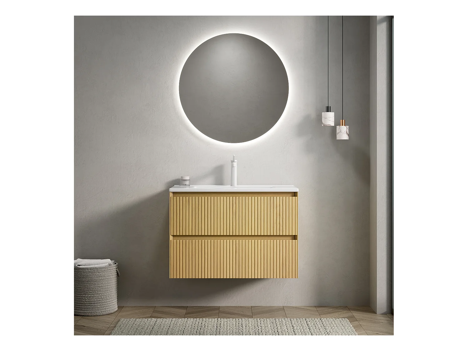 Lavabo de pared con seno cerámico y mueble de 2 cajones de contrachapado, acabado roble dorado y blanco (75x39x51,5cm)