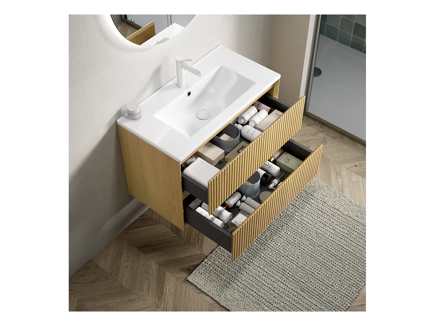 Lavabo de pared con seno cerámico y mueble de 2 cajones de contrachapado, acabado roble dorado y blanco (75x39x51,5cm)