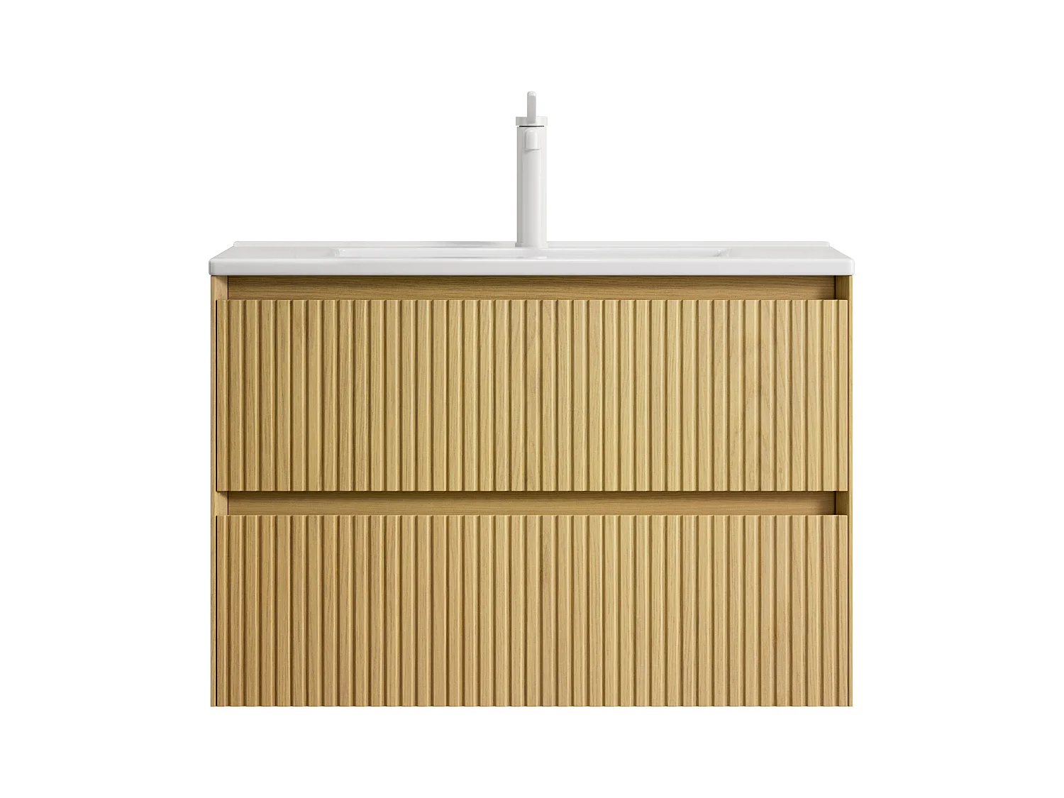 Lavabo de pared con seno cerámico y mueble de 2 cajones de contrachapado, acabado roble dorado y blanco (75x39x51,5cm)