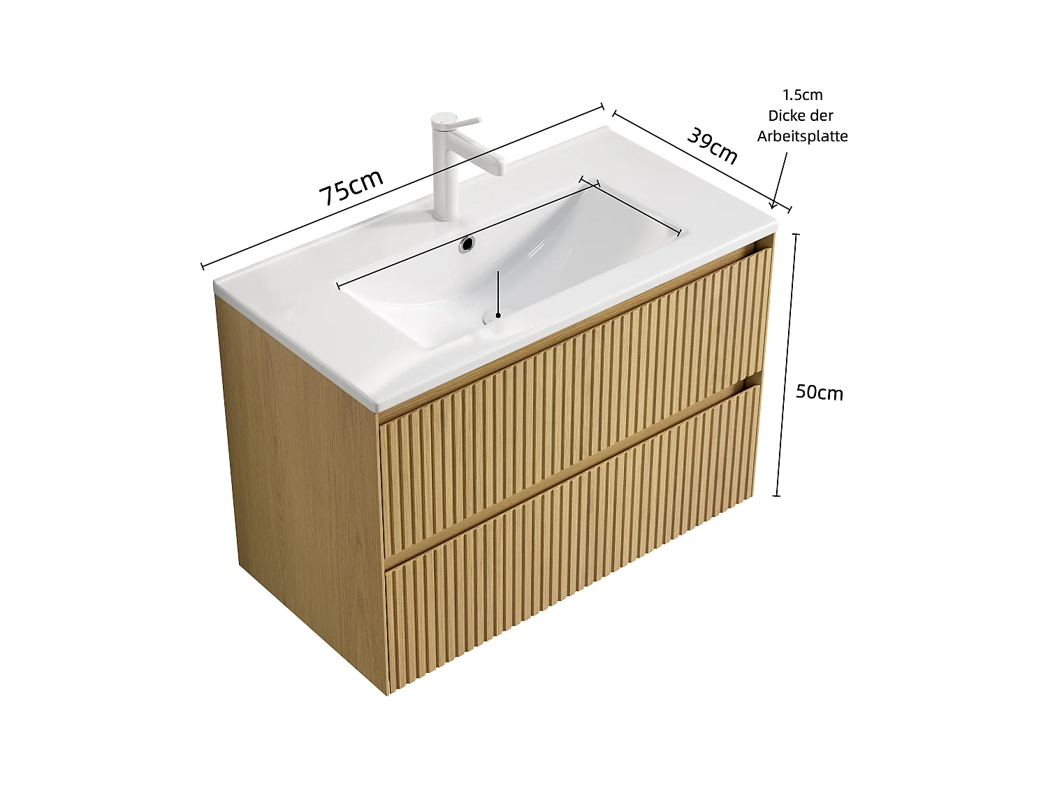 Lavabo de pared con seno cerámico y mueble de 2 cajones de contrachapado, acabado roble dorado y blanco (75x39x51,5cm)