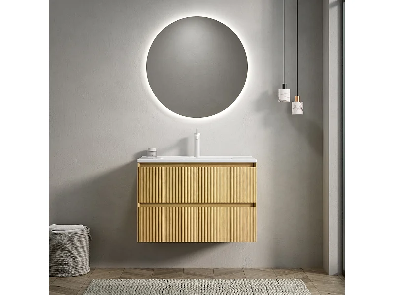 Lavabo de pared con seno cerámico y mueble de 2 cajones de contrachapado, acabado roble dorado y blanco (75x39x51,5cm)