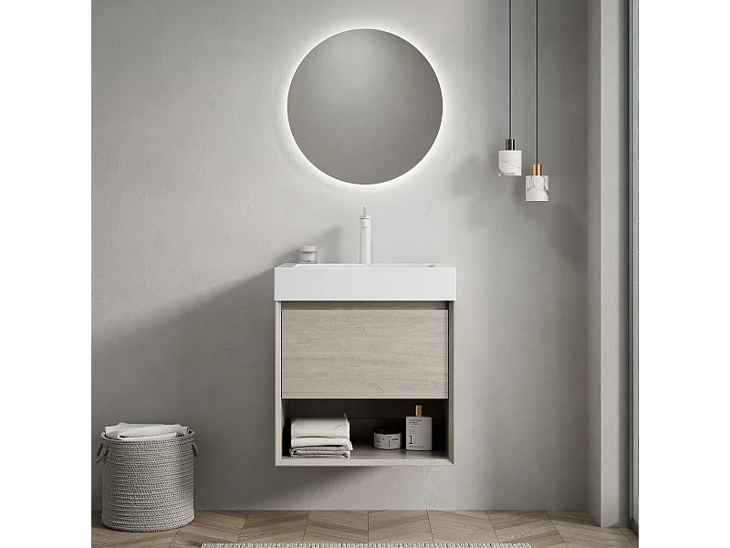 Rechthoekige wandmeubel met geïntegreerde witte harswastafel, multiplex kast met lade en open plank, voorgemonteerd (55x46x60 cm)