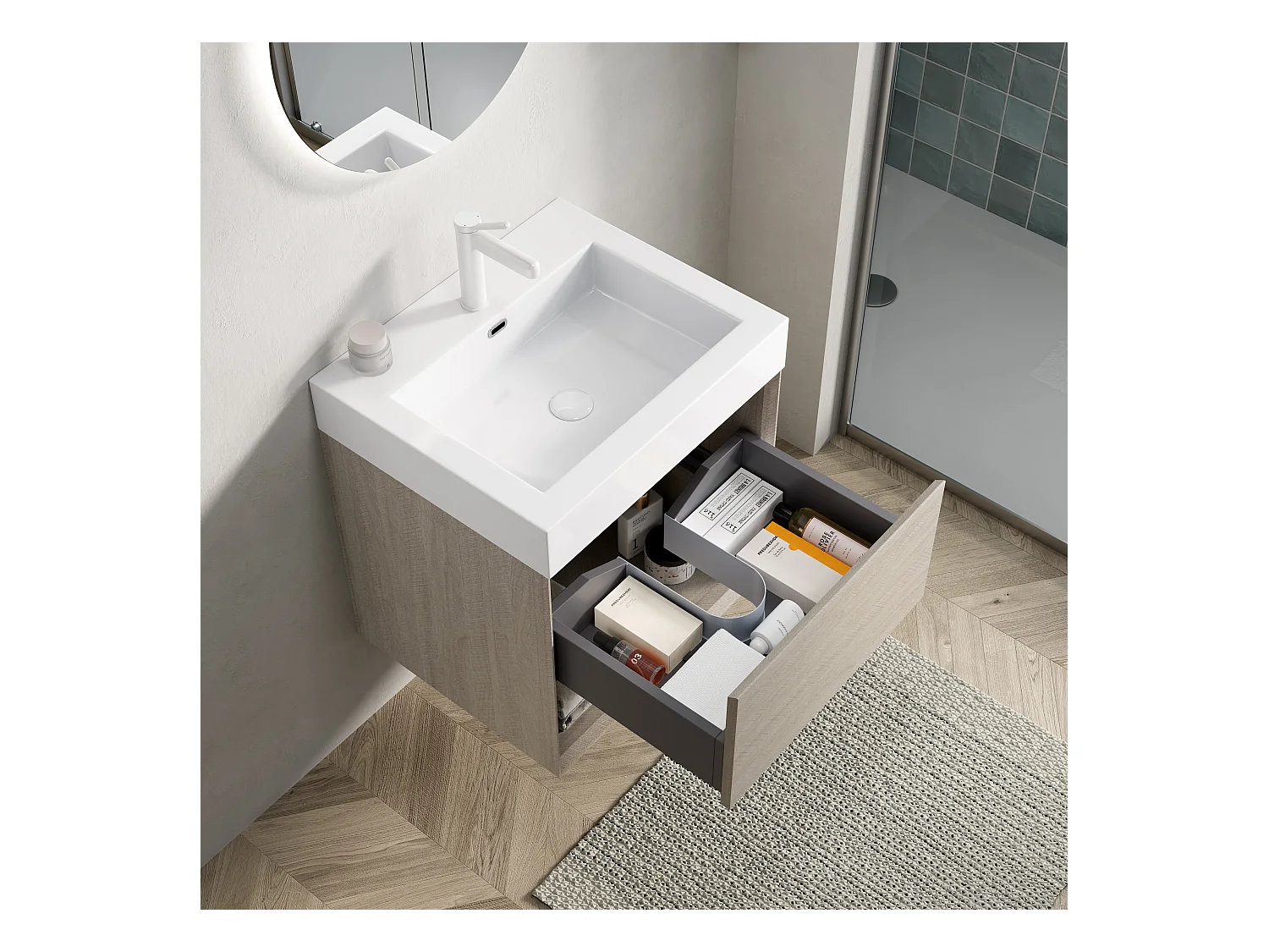 Mobile lavabo sospeso rettangolare con lavabo integrato in resina bianca, mobiletto in multistrato con cassetto e ripiano a giorno, premontato (55x46x60 cm)