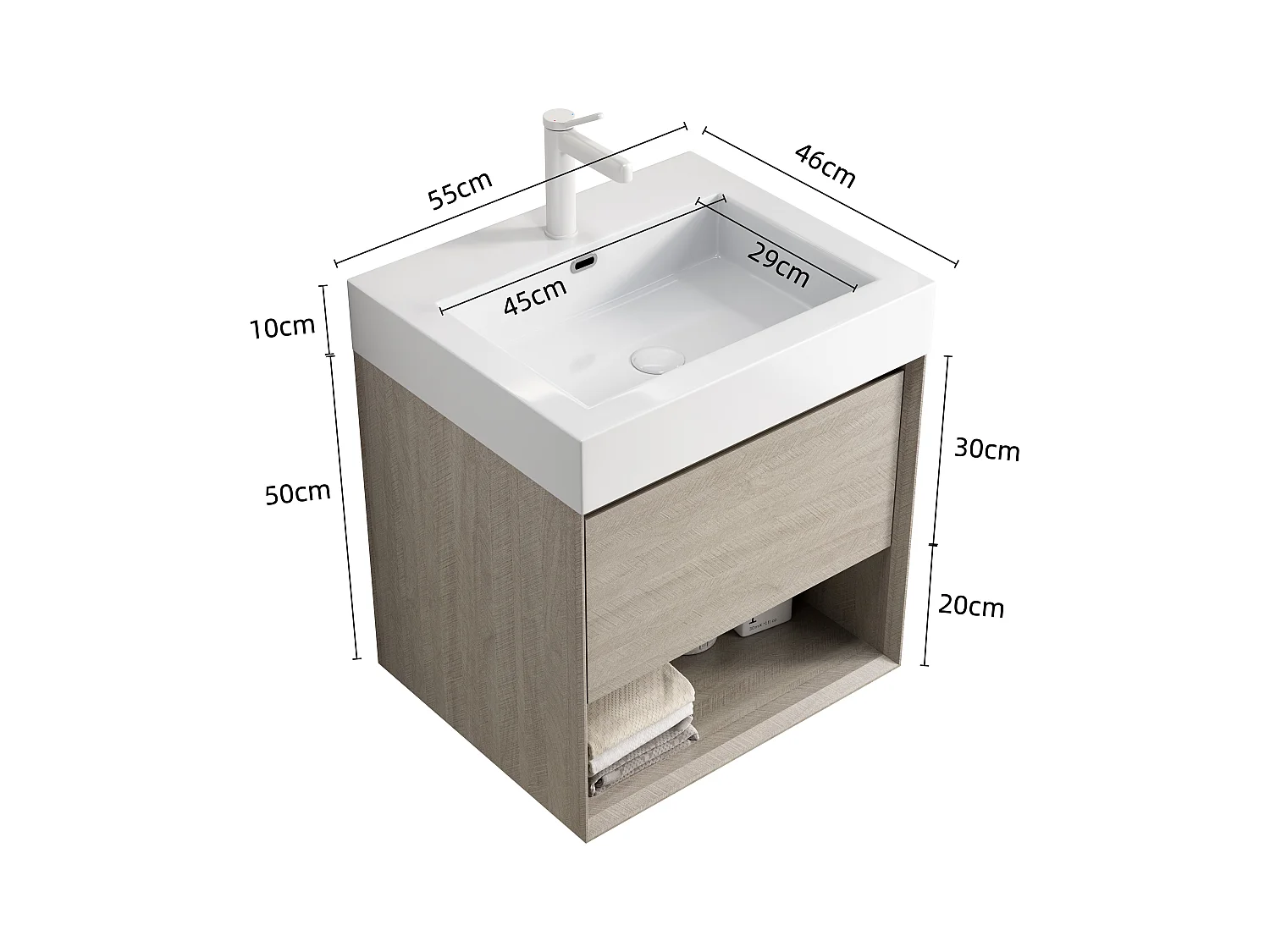 Mobile lavabo sospeso rettangolare con lavabo integrato in resina bianca, mobiletto in multistrato con cassetto e ripiano a giorno, premontato (55x46x60 cm)